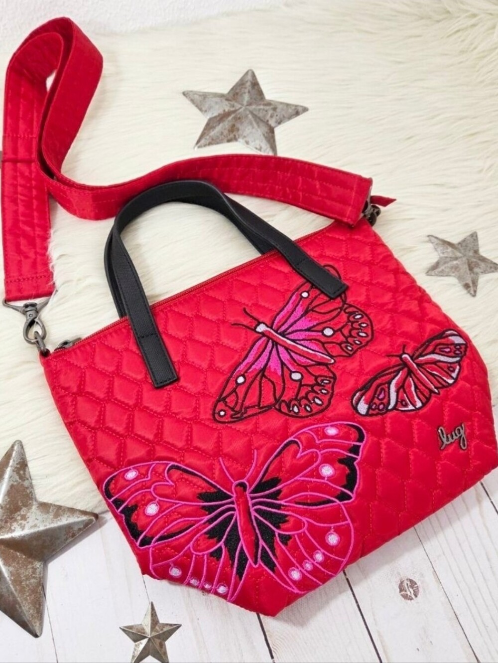 Lug Sprinkler crossbody bag red poppy quilted butterfly embroidery new NWOT